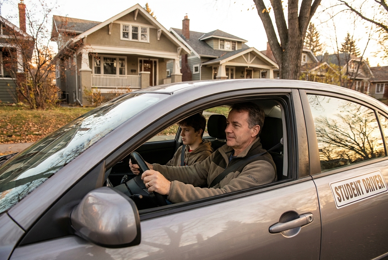 A student driver practicing parallel parking on a quiet Calgary residential street, instructor in passenger seat giving directions, late afternoon sun through windshield