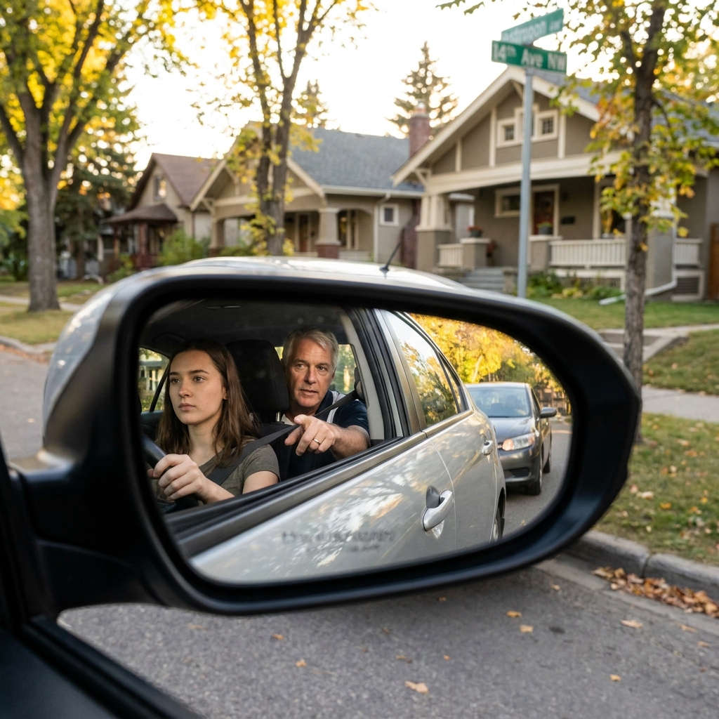 An instructor’s hands on a steering wheel demonstrating mirror check technique, dashboard and student driver visible in soft focus, warm window light