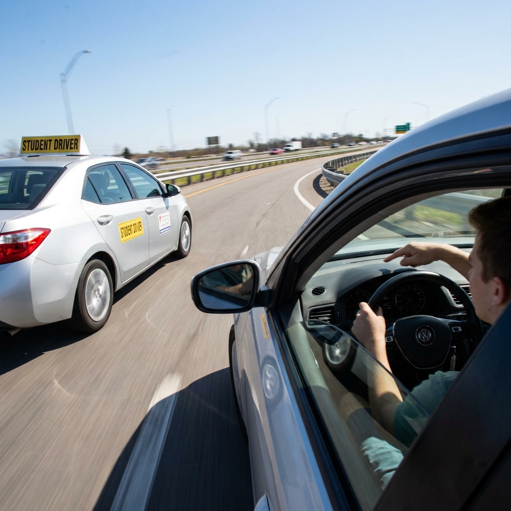 A driver’s side mirror view of merging onto a Calgary highway on-ramp, side mirror showing a clear lane, modern sedan
